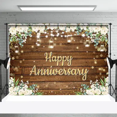 White Floral Brown Wood Bokeh Anniversary Backdrop - Aperturee