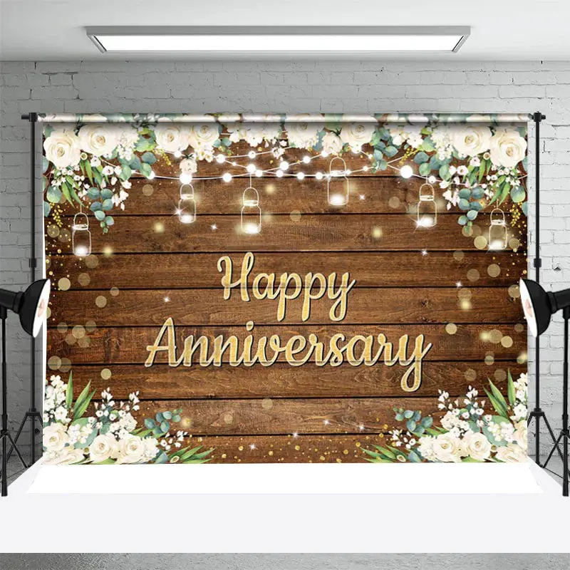 White Floral Brown Wood Bokeh Anniversary Backdrop - Aperturee