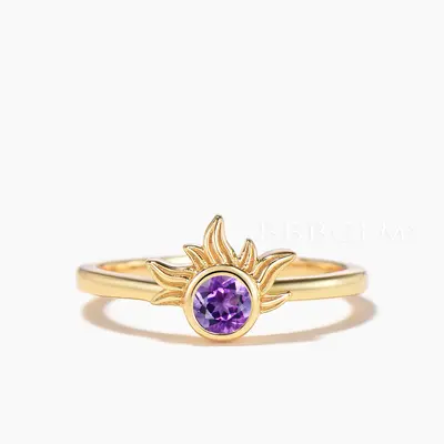 Celetial Solitaire Ring Round Cut Natural Amethyst Sun Engagement Ring
