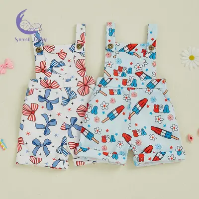 Baby Girl Fourth of July Rompers Sleeveless Bow/Flower Print Pocket Jumpsuit Suspender Shorts Summer Overalls