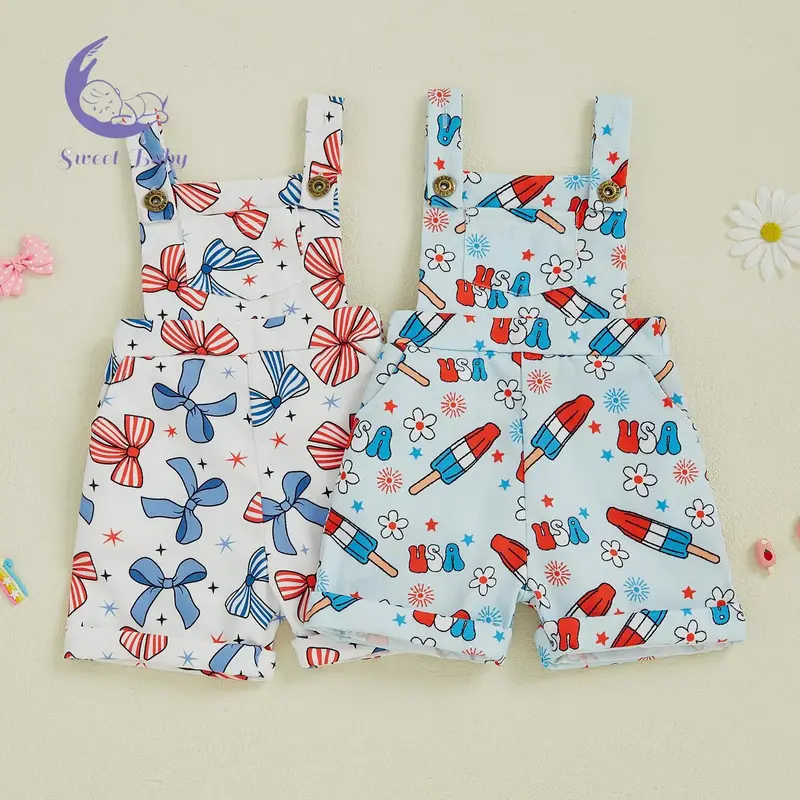 Baby Girl Fourth of July Rompers Sleeveless Bow/Flower Print Pocket Jumpsuit Suspender Shorts Summer Overalls