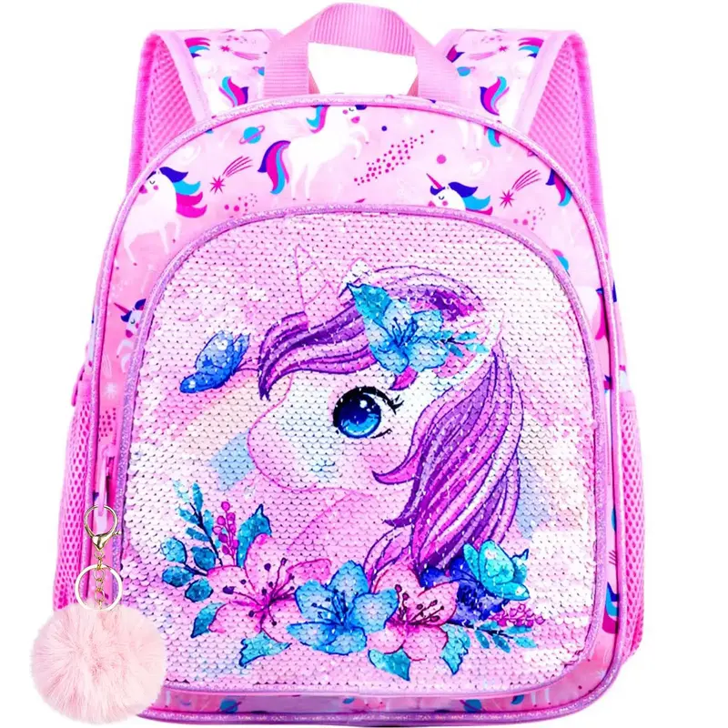 Toddler Backpack for Girls, 12” Unicorn Sequins Preschool Bookbag and Lunch Box