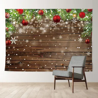 Aperturee White Snow Red Bauble Pine Wood Christmas Backdrop