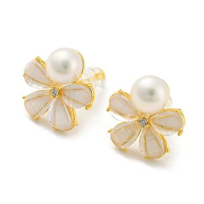 Cubic Zirconia Flower Stud Earrings with Natural Pearl