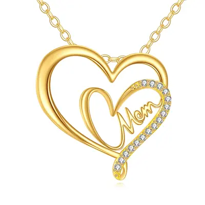 14K Gold Moissanite Double Heart Pendant Necklace with Engraved Word