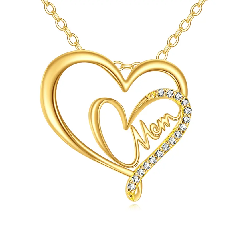 14K Gold Moissanite Double Heart Pendant Necklace with Engraved Word