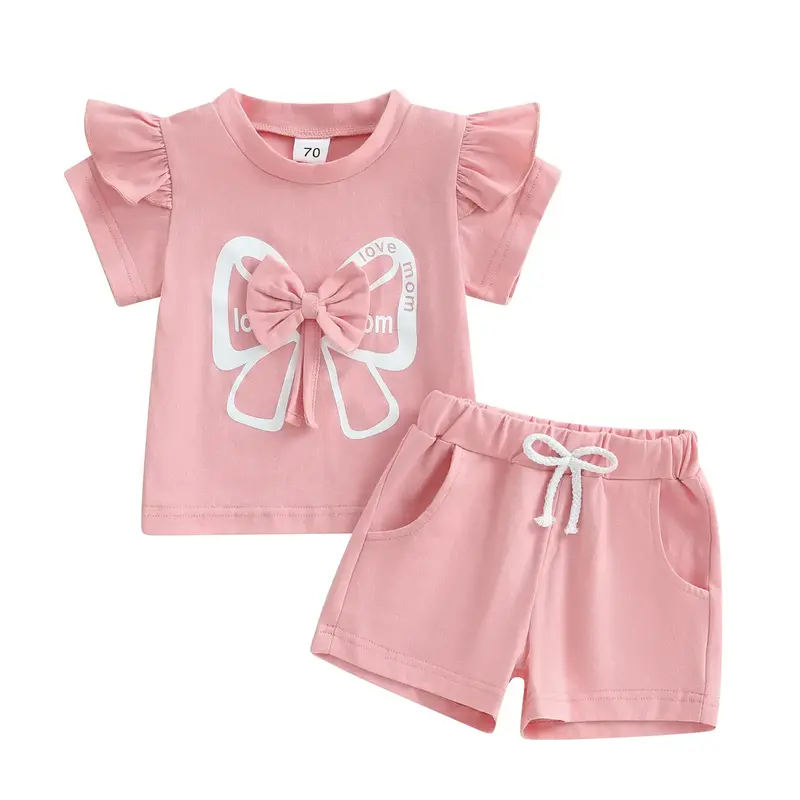 Toddler Baby Girl Clothes Summer 3D Bow Ruffle Short Sleeve T-shirt Tops Elastic Waist Shorts Pants Set Infant Girls 2Pcs Out...