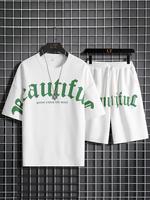 Two Counts Men's Loose Letter Print Drop Shoulder Tee & Drawstring Waist Shorts Set, Back To School Outfits, Summer Outfits...