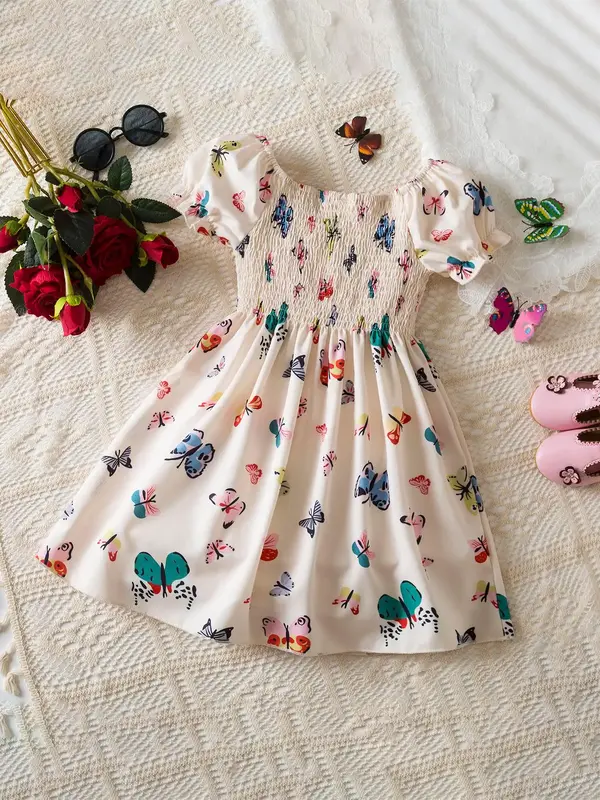 Girl's Butterfly Print Short Sleeve Dress, Casual Dress for Summer, Kids Clothes for Daily Wear
