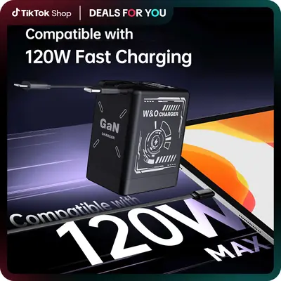 W&O 2 in 1 GaN Charger(Type C/Lightning), 120W Compatible Fast Charger, Retractable Wall Charger, Foldable Plug for iPhone, F...