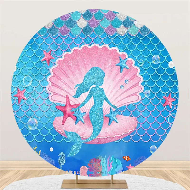 Aperturee Gold Glitter Mermaid Pink Shell Round Birthday Backdrop | Happy Birthday Backdrop | Custom Birthday Backdrops | Nam...