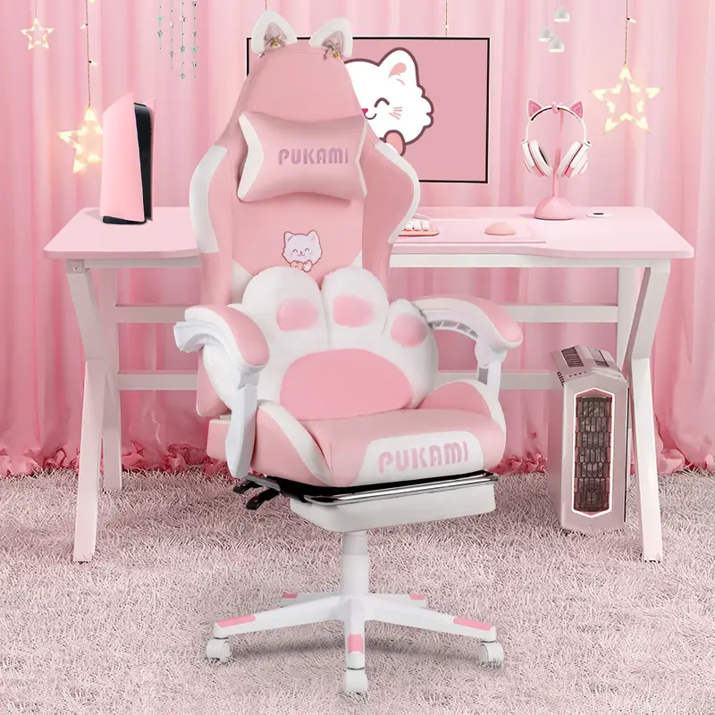 PUKAMI Pink Gaming Chair with Cute Cat Ears and Cat Paw Cushion Pillow,Ergonomic Gaming Chair for Teen with Footrest and Head...