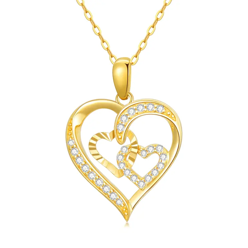 14K Gold Cubic Zirconia Interlocking Hearts Pendant Necklace For Women
