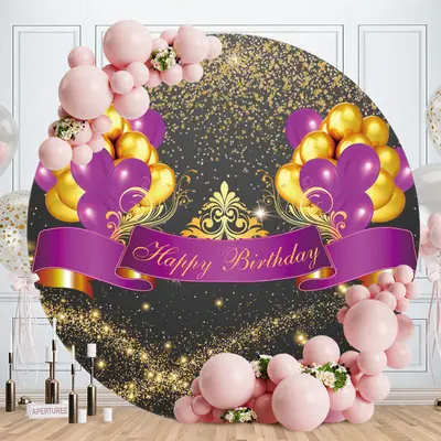 Aperturee Purple And Gold Ballon Round Birthday Backdrop