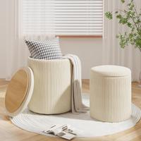 Round Ottoman Vanity Stool with Storage Set of 2, Beige Velvet Round Ottoman with Storage, Multifunctional Round Storage Otto...