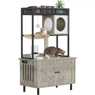 Yitahome Cat Hidden Litter Box Enclosure Furniture with Shelves and Charging Station, Cat Washroom Wooden Cabinet with Cat Ho...