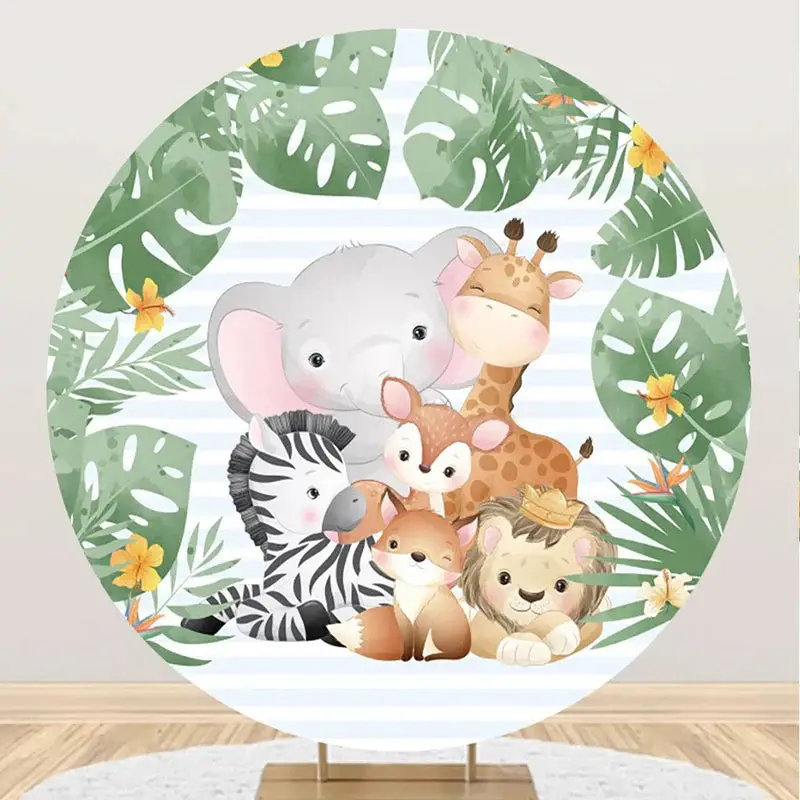 Green Monstera Animals Blue Stripe Round Backdrop - Aperturee