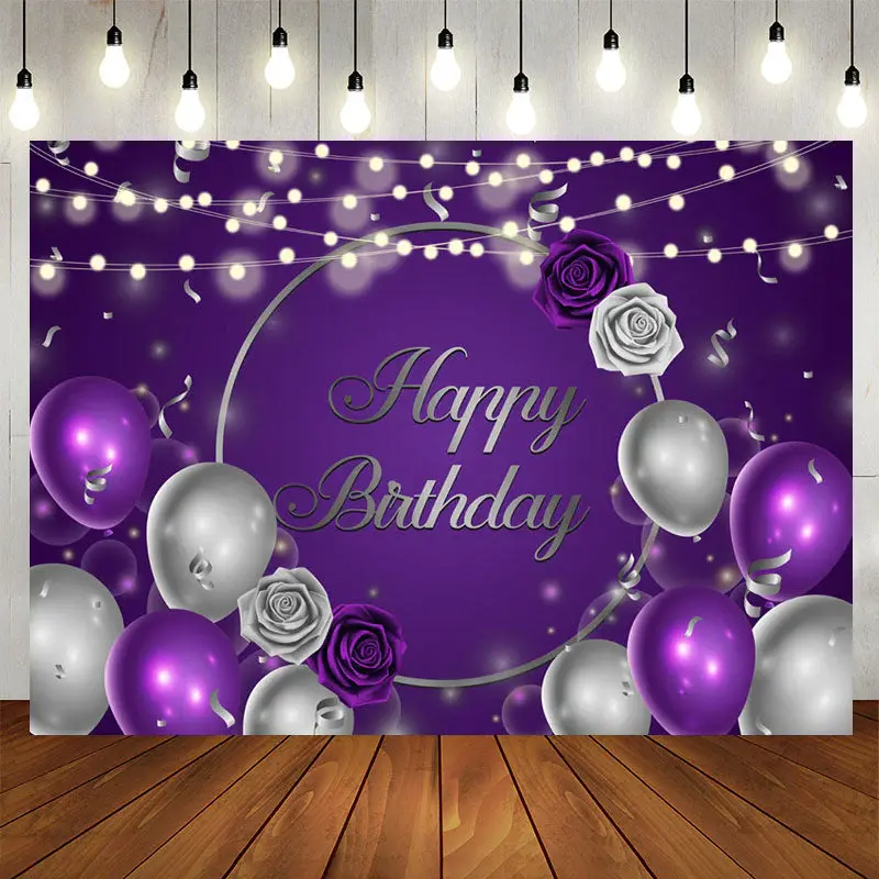Aperturee Purple Silver Balloons Florals Birthday Backdrops