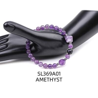Natural Amethyst Pyramid & Synthetic Blue Goldstone Beaded Stretch Bracelet