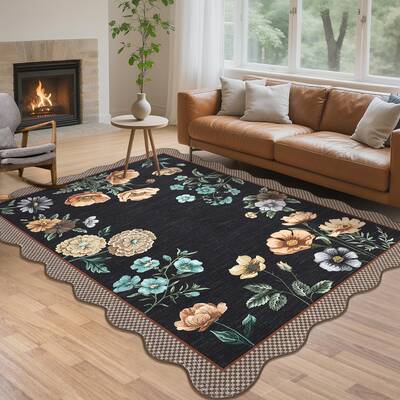 Garvee Black Floral 10x13 Living Room Rug Washable Soft Non Slip Botanical Area Rug Scalloped Cute Carpet for Nursery Playroo...