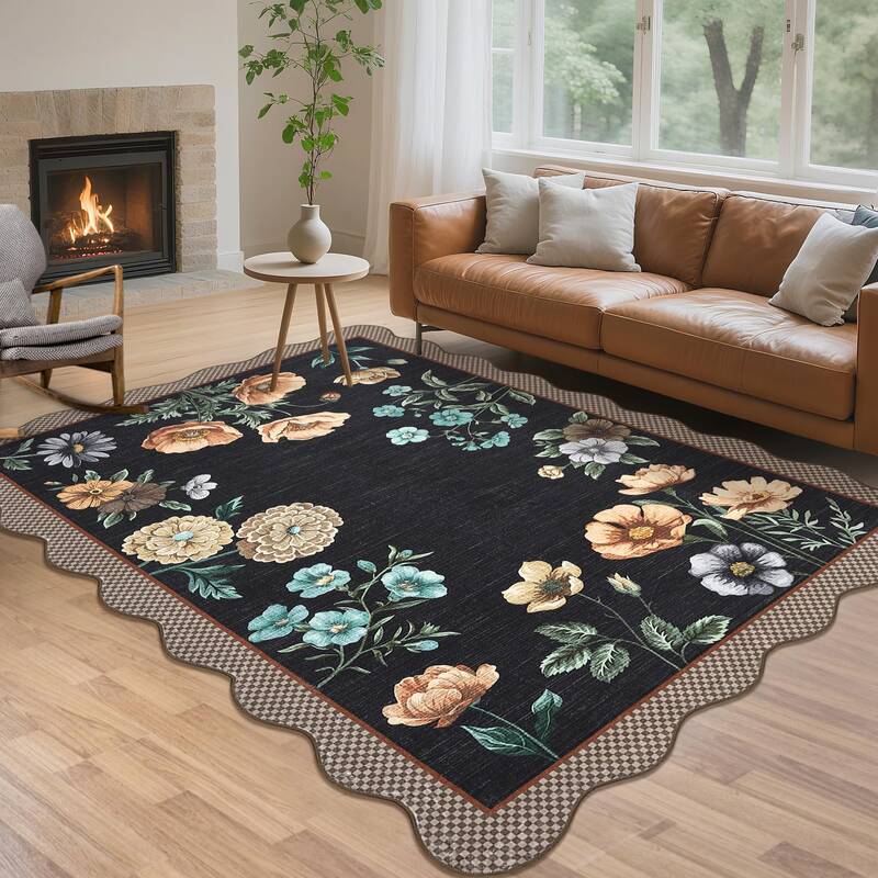 Garvee Black Floral 10x13 Living Room Rug Washable Soft Non Slip Botanical Area Rug Scalloped Cute Carpet for Nursery Playroo...