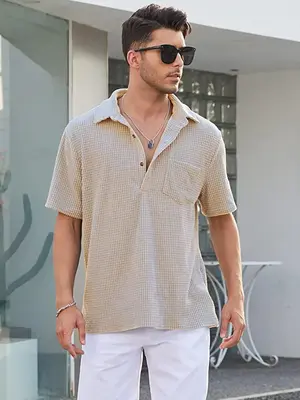 Men's Regular Fit Pocket Button Front Waffle Knit Polo Shirt, Casual Short Sleeve Top for Summer, Menswear for Daily Wear