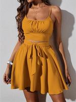 Two-piece Set Women's Ruched Shirred Crop Cami Top & Belted A Line Skirt, Solid Spaghetti Strap Top & High Waist Flared Skirt...