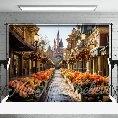 Colorful Floral Street Castle Architecture Backdrop - Aperturee