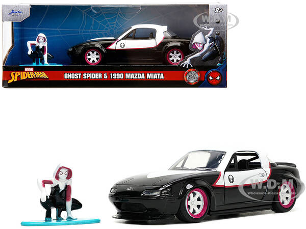1990 Mazda Miata Black and White with Graphics and Ghost Spider Diecast Figure \