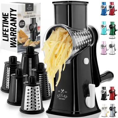 Zulay Kitchen Rotary Cheese Grater - Manual Cheese Shredder with 5 Interchangeable Stainless Steel Blades & Strong Suction Ba...