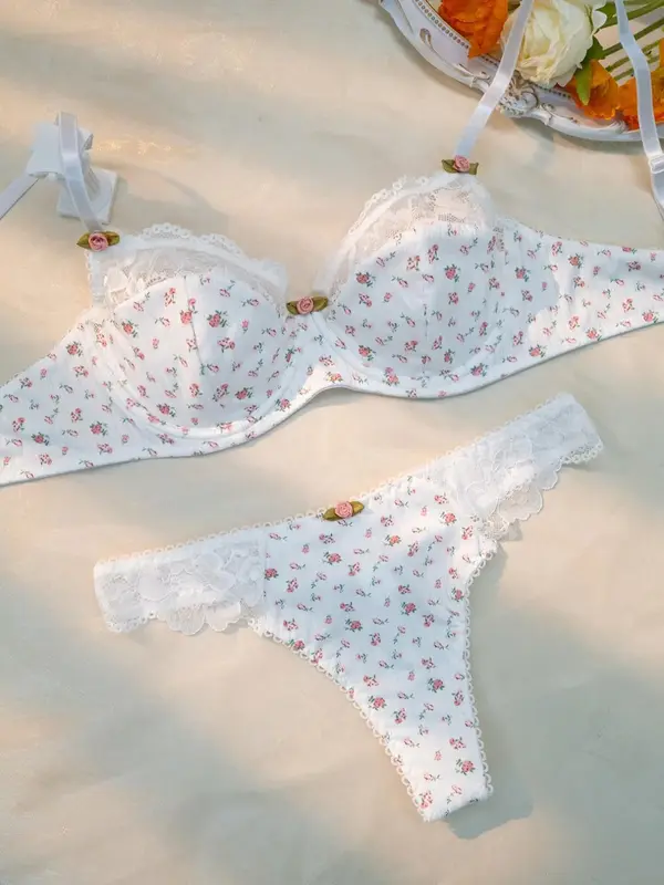 Women's Ditsy Floral Print Contrast Lace Bra & Panty Set, Floral Decor Adjustable Strap Bra & Knicker, Summer Clothes Women, ...