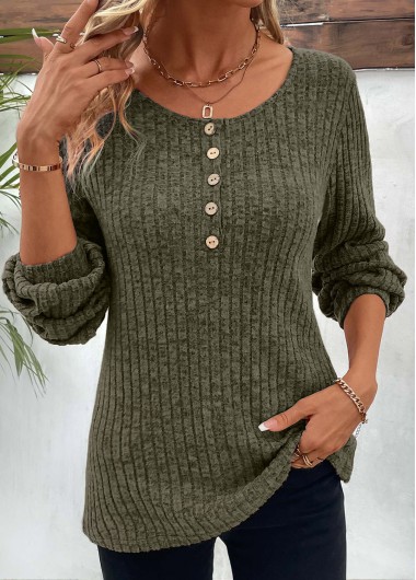 Modlily Olive Green Button Long Sleeve Round Neck T Shirt - XXL