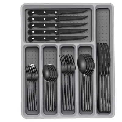 49-Piece Black Silverware Set with Organizer, Heavy Duty Stainless Steel Black Flatware for 8, Cutlery Utensil Sets with Stea...