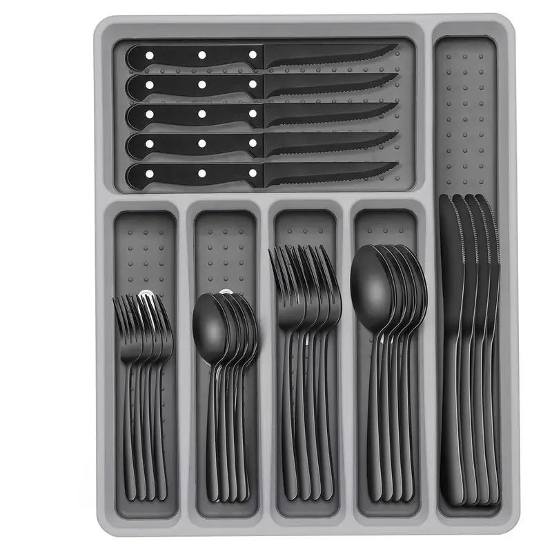 49-Piece Black Silverware Set with Organizer, Heavy Duty Stainless Steel Black Flatware for 8, Cutlery Utensil Sets with Stea...
