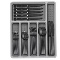 49-Piece Black Silverware Set with Organizer, Heavy Duty Stainless Steel Black Flatware for 8, Cutlery Utensil Sets with Stea...
