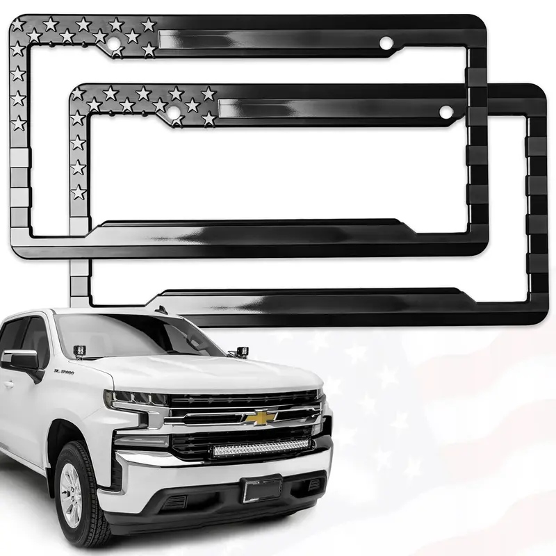 3D Raised American Flag License Plate Frame Set - Black on Matte Black