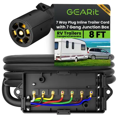 GearIT Heavy Duty 8FT 7 Way Trailer Cord with 7 Gang Junction Box Color-Coded Copper Connectors for RV Campers Caravans - Cab...