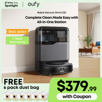 【Special Bundle】eufy Robot Vacuum Omni C20 + 6 Pack Dust Bags, Robot Vacuum and Mop Combo, Self Emptying, Auto Mop Washin...