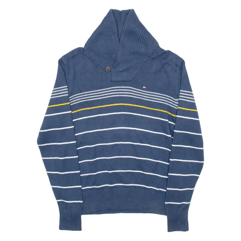 TOMMY HILFIGER Mens Patterned Jumper Blue Striped Roll Neck Tight Knit XS