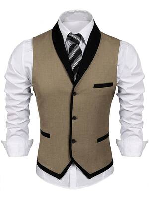Buttons V-neck Suit Vest (US Only), Khaki / XL