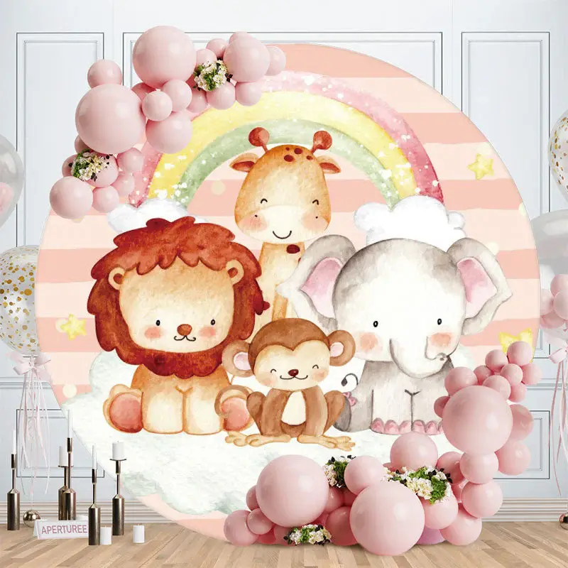 Aperturee Rainbow Safari Animals Round Birthday Party Backdrop | Custom Round Backdrop | Circle Party Backdrop | Circle Backd...