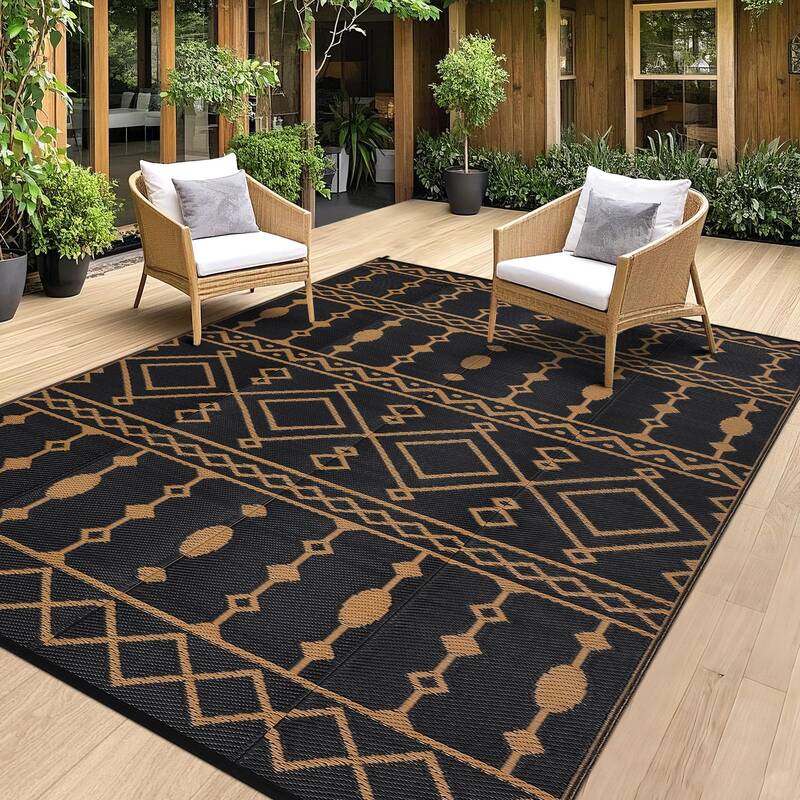 Garvee Outdoor Black & Brown 9x12 Rug Waterproof Reversible Plastic Straw Rug with Anti-UV Coating, Durable Reinforced Edges,...