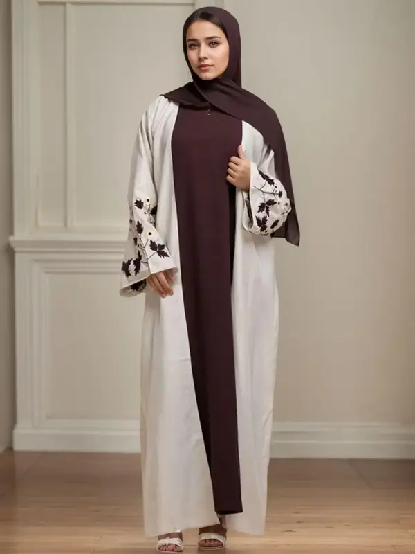 Women's Floral Embroidery Abaya, Elegant Long Sleeve Open Front Muslim Clothing for Spring & Fall, Ladies Islamic Clothing fo...