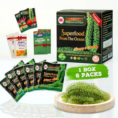 Longevity Dehydrated Sea Grapes 6 Packs of 4.23 oz Green Caviar Umibudo Latok Seaweed Organic Premium Quality Crunchy Flavor ...