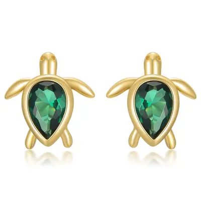 14K Yellow Gold Pear Emerald Cubic Zirconia Sea Turtle Stud Earrings