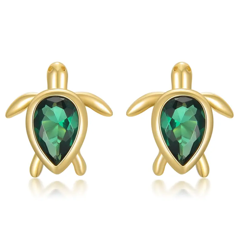 14K Yellow Gold Pear Emerald Cubic Zirconia Sea Turtle Stud Earrings