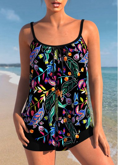 Modlily Floral Print Black Spaghetti Strap Tankini Top - M