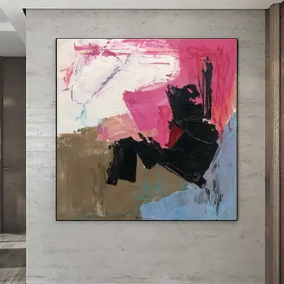 Large Abstract Colorful Paintings On Canvas Textured Artwork In Pink, Brown, Blue, Black And White Colors 50x50" Modern ...
