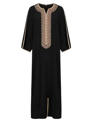Embroidering Side Stripe Split Hem Notched Neck Kaftan, Arabic Clothing, Regular Fit Modest Drop Shoulder Long Sleeve Kaftan...