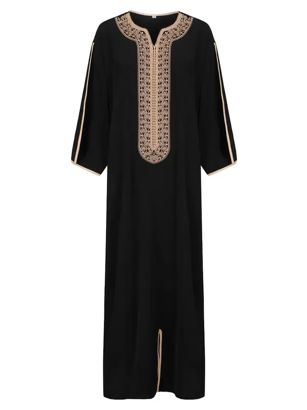 Embroidering Side Stripe Split Hem Notched Neck Kaftan, Arabic Clothing, Regular Fit Modest Drop Shoulder Long Sleeve Kaftan...